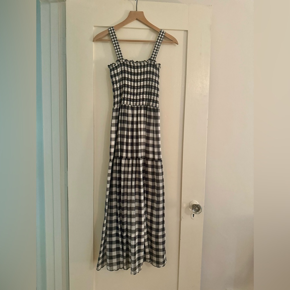 THE GREAT. Black and White Gingham Midi Dress